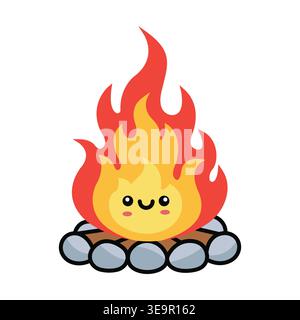 Cute Kawaii Bonfire Character with Happy Face and Burning Flames Vector Illustration for Camping Stock Vector