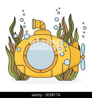 Yellow Submarine Underwater with Seaweed and Bubbles Vector Illustration for Kids Adventure Stock Vector