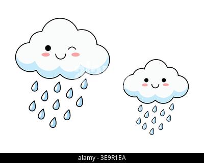 Smiling Clouds with Falling Raindrops Cute Cartoon Vector Illustration Set for Kids Weather Design Stock Vector