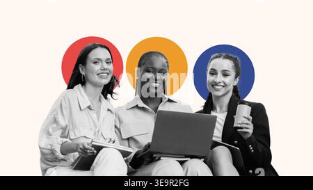 Collage of Three Women Working Together With Laptops and Notebooks in a Creative Space Stock Photo