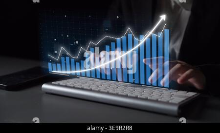 This image features a dynamic analysis of financial data with a focus on business growth trends, highlighting the importance of analytics in decision Stock Photo