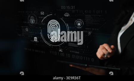 Biometric fingerprint identification and cybersecurity system ensuring secure access, identity verification, cloud data protection, and digital safety Stock Photo