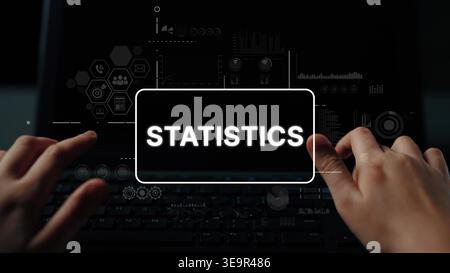 Hands Typing on Laptop Keyboard with Overlay of Data Analytics and Statistics Graphics for Business Insights. Asymptotic smart data analytic. Stock Photo