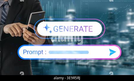 Business professional using smartphone to generate data insights with futuristic graphs and charts in a modern technology environment Gluon. Stock Photo