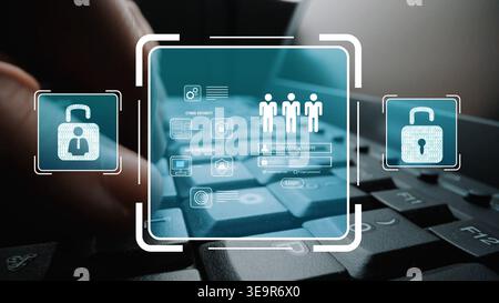 Cybersecurity Concept with Data Protection, Lock Symbols, User Icons, and Keyboard Background for Digital Security and Privacy Themes Gluon. Stock Photo