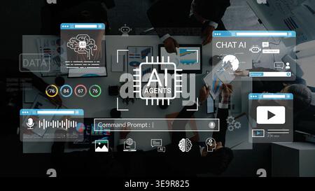Team Collaborating on AI Development with Digital Interfaces and Data Visualizations for Enhanced Decision Making and Innovation in Technology Stock Photo