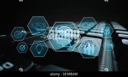 Head with gear and icons representing learning, digital training, and development process, showing skill growth for human or AI systems through Stock Photo