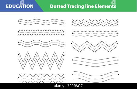 Dotted Tracing Line Elements for Kids Learning Educational Handwriting Practice Paths Stock Vector