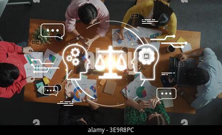 Diverse Business Team Collaborating on Legal Insights and Data Analysis for AI-driven Solutions in Modern Work Environment Gluon. Stock Photo