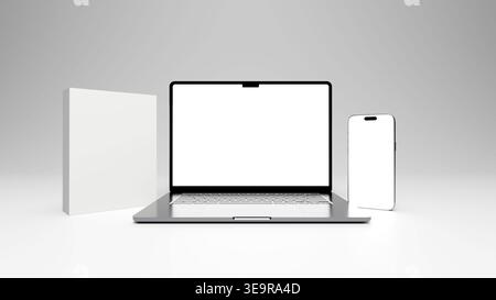 Blank Laptop Screen, Mobile phone, and Software Product Box for Digital Branding and Marketing Mockup. High Resolution 8k, 3D Render. Stock Photo
