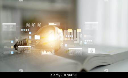 An open book with a glowing light bulb symbolizes innovative thinking and knowledge in a digital age, representing the fusion of education and Stock Photo