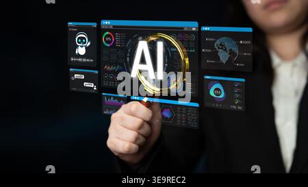 Business professional interacting with digital interface showcasing artificial intelligence data analysis and futuristic technology insights for Stock Photo