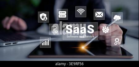 Conceptual image showing SaaS software as a service on a tablet with various business icons, representing digital transformation and technology Stock Photo