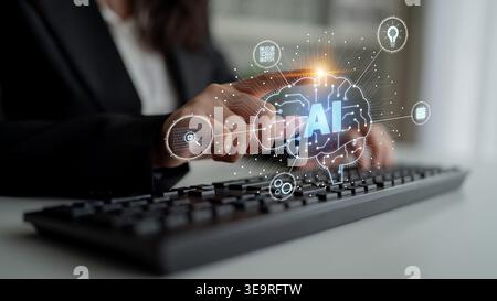 Artificial intelligence models neural signals for deep learning and cognitive computing. Train artificial intelligence to improve recognition Stock Photo