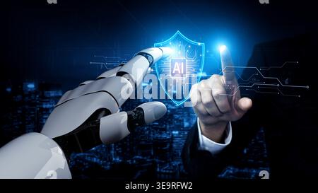 AI cybersecurity safeguards systems with encryption, access control, and AI secure data flow. Futuristic cyber security featuring AI digital shield Stock Photo
