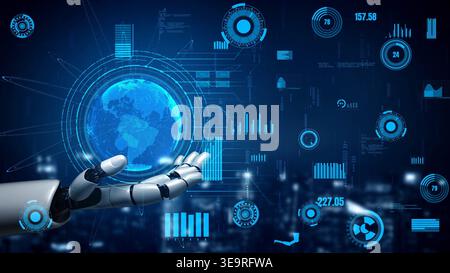 A futuristic robotic hand presents a digital globe surrounded by various data visualizations, illustrating the seamless integration of technology in Stock Photo