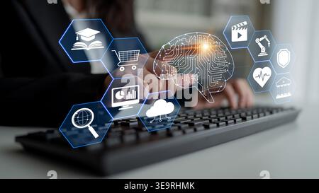 Woman Using Computer Keyboard with Futuristic Interface Displaying Icons of Technology, Education, Shopping, and Data Analysis Quark. Stock Photo