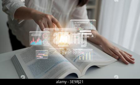 Business professional analyzing data trends and charts while interacting with digital graphs and information overlays on an open book Quark. Stock Photo