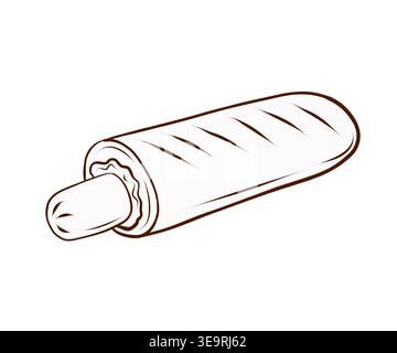 French hot dog. Vector illustration in engraving style. Fast food snack element for street food menus, cafe posters, takeaway packaging, diner graphic Stock Vector