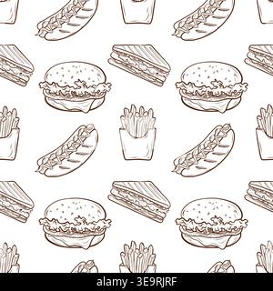 Seamless pattern with burgers, hot dogs, sandwiches and french fries is drawn in hand drawn vector line style. Monochrome fast food illustration forms Stock Vector