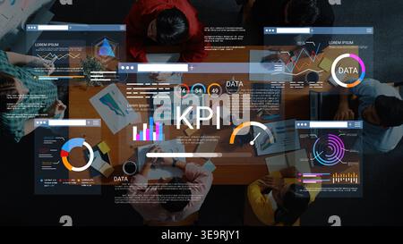 Team Collaborating on Business Key Performance Indicators with Data Analytics Dashboards for Growth and Success in Modern Workplace Environment Gluon. Stock Photo