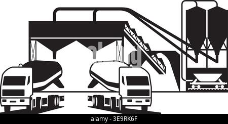 Concrete mixer trucks loading material in the plant – vector illustration Stock Vector