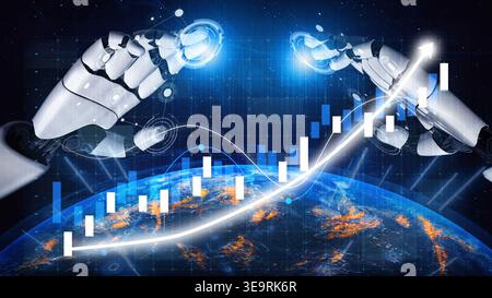 A stunning digital concept showcasing robotic hands manipulating data visuals, symbolizing advanced technology role in market dynamics and global Stock Photo