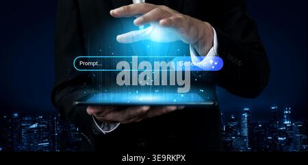 A businessman showcases a digital tablet illuminated by a glowing search bar, surrounded by blue particles, symbolizing innovation and technology in a Stock Photo