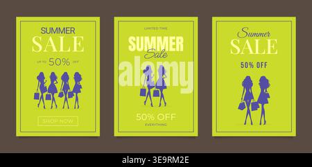 Set of seasonal promotion flyers with women and bags vector illustration. Stock Vector
