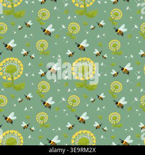 Bee and dandelion seamless pattern with flying honeybees vector illustration. Stock Vector