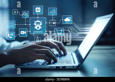 AI agents orchestrate workflows across prompts, media, email and analytics. AI coordinates tasks, strengthens operations, and improves efficiency for Stock Photo