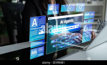 Advanced User Interface for AI Agents Demonstrating Interactive Digital Elements on Laptop, Showcasing Innovative Technology and Modern Work Stock Photo