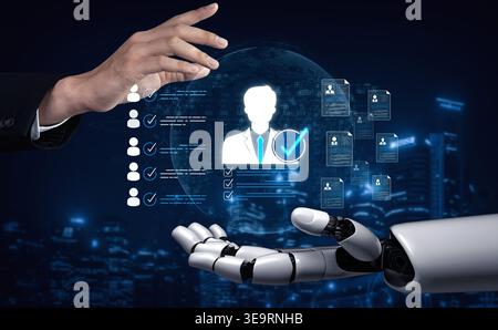 Human and Robot Collaboration in Future Work Environment Showcasing AI Integration and Digital Interfaces with Data Visualizations and User Stock Photo