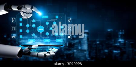 Futuristic Robot Hand Interacting with Digital Interface in High-Tech City Environment Featuring Flowcharts and Data Visualization Quark. Stock Photo
