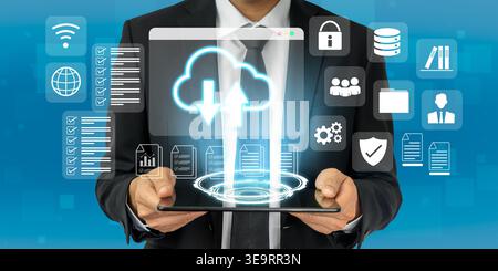 Cloud upload and download icon with surrounding data management, security, and analytics icons in digital interface Parse Stock Photo