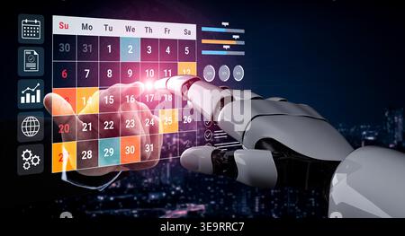 A futuristic robot hand interacts with a transparent digital calendar, showcasing advanced technology and data visualization in a high-tech urban Stock Photo