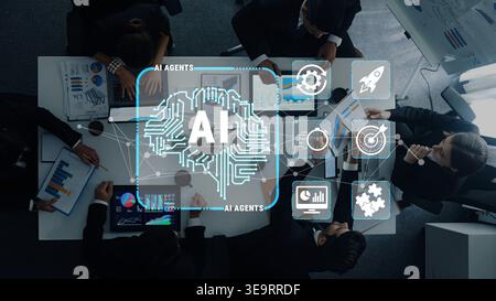 Business Team Collaborating with AI Technology Concepts in Modern Conference Room for Innovative Solutions and Strategic Planning Quark. Stock Photo