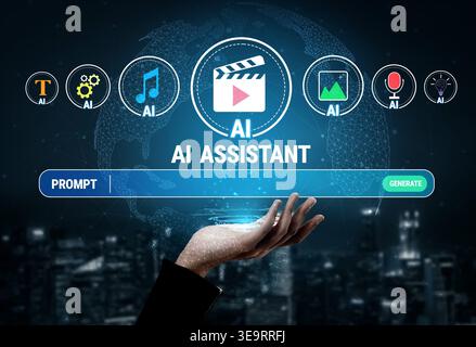 Futuristic Digital Interface with AI Assistant Showcasing Multimedia Options and User Interaction Design Elements Quark. Stock Photo