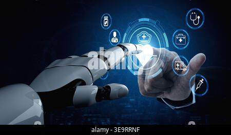 Futuristic Robot Hand Interacting with Digital Health Interface Featuring Medical Icons and Technology Symbols Quark. Stock Photo