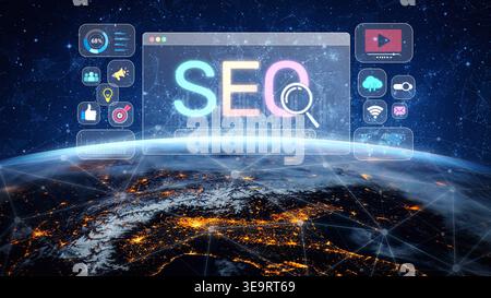 SEO concept for improving SEO visibility, with SEO related digital tools and SEO performance icons shown in an focused layout for strategic marketing Stock Photo