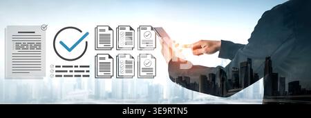 A businessman interacts with digital documents on a tablet, symbolizing modern workflow automation and document verification against an urban skyline Stock Photo