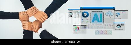 Collaboration and Teamwork Concept Featuring Diverse Hands Overlaid with Artificial Intelligence Visuals and Data Analysis Graphics Sigmoid Stock Photo