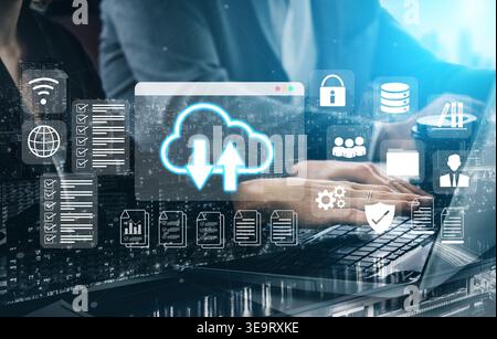 Cloud upload and download icon with surrounding data management, security, and analytics icons in digital interface Parse Stock Photo