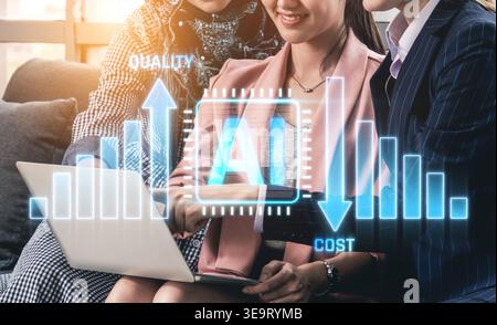 Business Team Collaboration with Technology Using Laptop and Data Visualization Concept for Quality and Cost Management in Modern Workplace Sigmoid Stock Photo