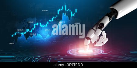 A futuristic robotic hand interacts with a digital interface displaying financial growth and market data, symbolizing the synergy of technology and Stock Photo