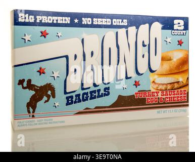 Winneconne, WI - 4 Apri l 2026: A package of Bronco bagels turkey sausage egg and cheese on an isolated background. Stock Photo