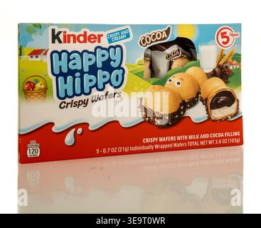 Winneconne, WI - 4 Apri l 2026: A package of Kinder happy hippo crispy wafers on an isolated background. Stock Photo