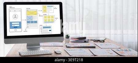 UX UI design process for brisk mobile application and website . Creative prototype of wireframe for professional app developer . Stock Photo