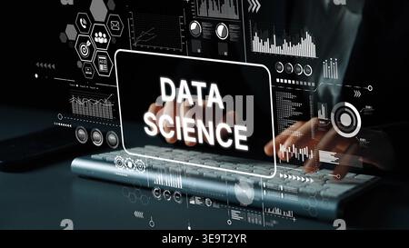 Sleek Keyboard with Data Science Graphics Overlay Showcasing Modern Technology and Analytics Insights. Asymptotic smart data analytic. Stock Photo