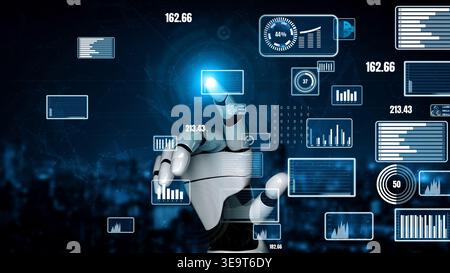 A futuristic robot hand engages with a digital interface full of data visualization elements. This image captures the essence of technological Stock Photo
